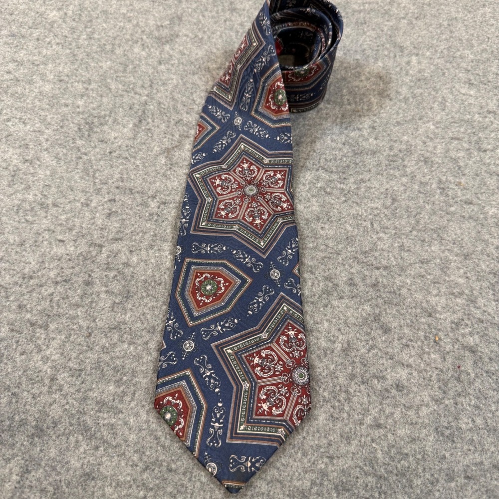 Christian Dior Monsieur Vintage Silk Tie Navy Blue Red Geometric Medallion Print